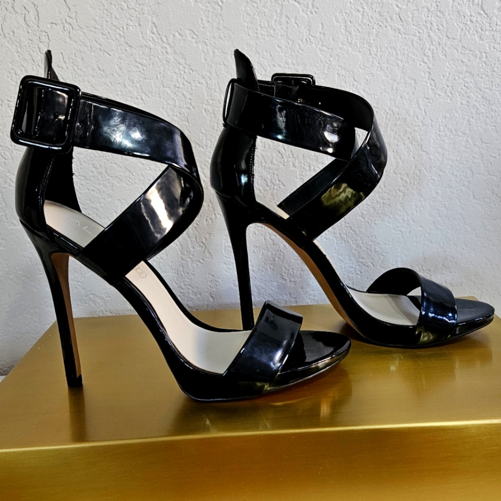 Aldo Black Patent Leather Strappy Sandal Heels